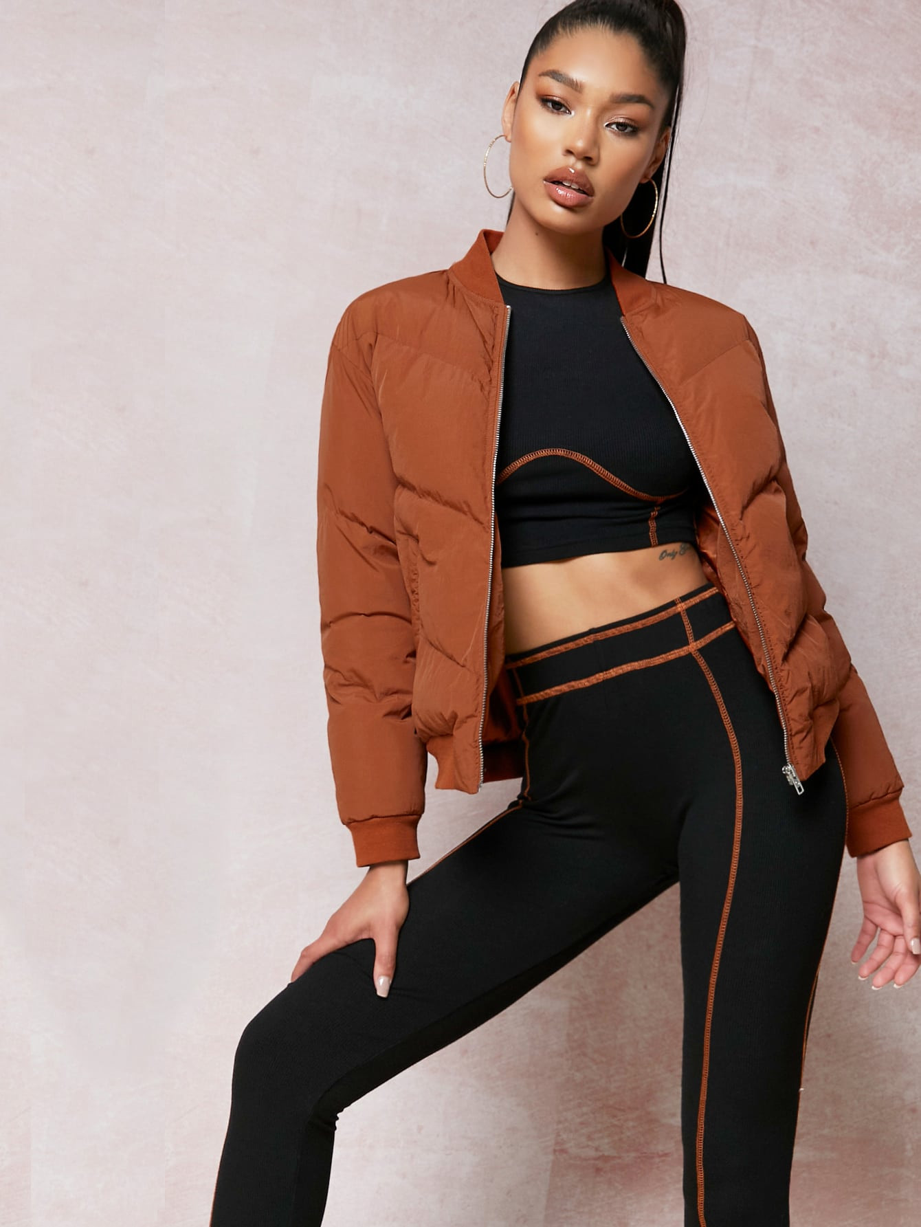 SHEIN Zip Up Puffer Bomber Jacket | SHEIN