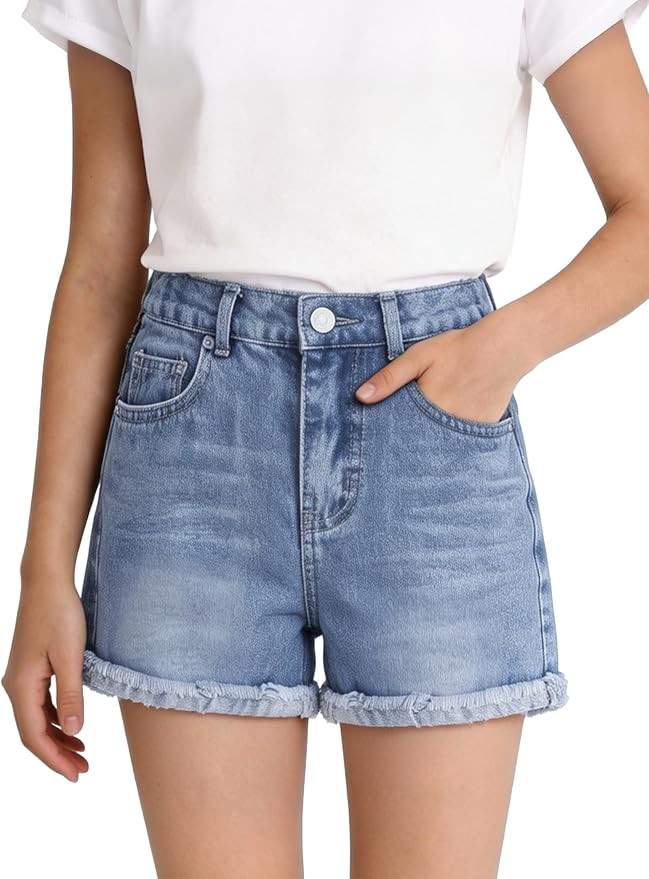 PATPAT Girls Jean Shorts 5-14Y, Cute Mid Waist Straight Leg Denim Shorts with Elastic Waistband &... | Amazon (US)