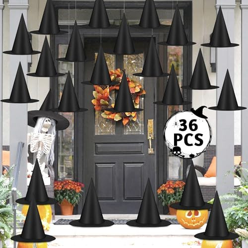Luces 36 PCS Witches Hats, Hanging Witches Hats Halloween Decor, Black Floating Witch Hat with 492 FT Rope Wizard Costume Accessory, Outdoor Halloween Porch Decorations Witch Decor for Party | Amazon (US)