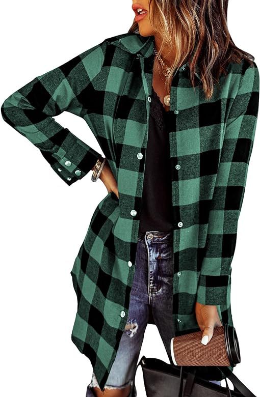 EVALESS Color Block Plaid Shacket Jacket Womens Fall Fashion 2023 Outfits Long Sleeve Button Down... | Amazon (US)