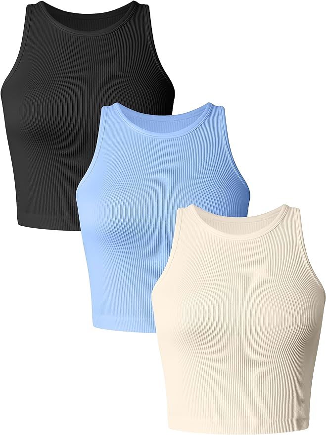GXIN Women's 3 Piece Ribbed Tank Tops Seamless Workout Crew Neck Sexy Crop Tops | Amazon (US)