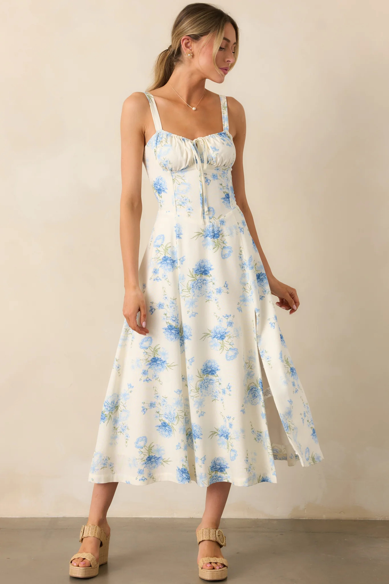 Skyward Bloom Ivory & Blue Floral Midi Dress | Red Dress