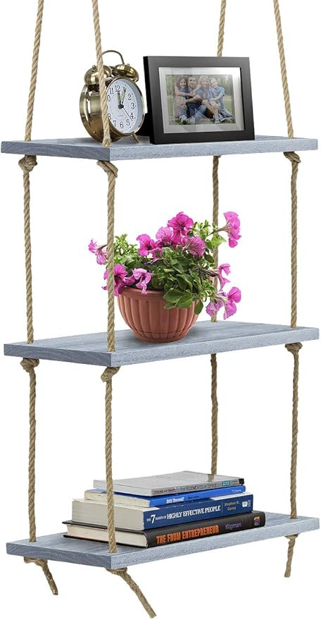 Sorbus Wood Hanging Shelf 3-Tier Rustic Wood Swing Storage Shelves Jute Rope Organizer Rack, Floa... | Amazon (US)