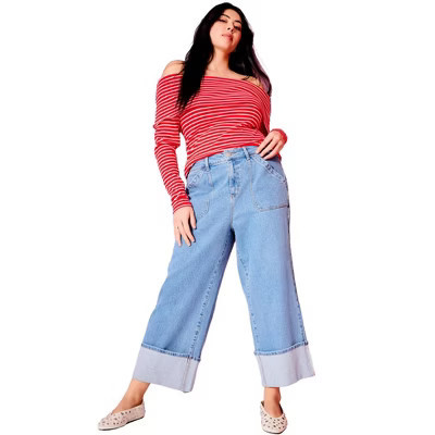 June & Vie Wide-Leg Cropped Cuffed Jeans - 12 W, Medium Vintage Wash | Target