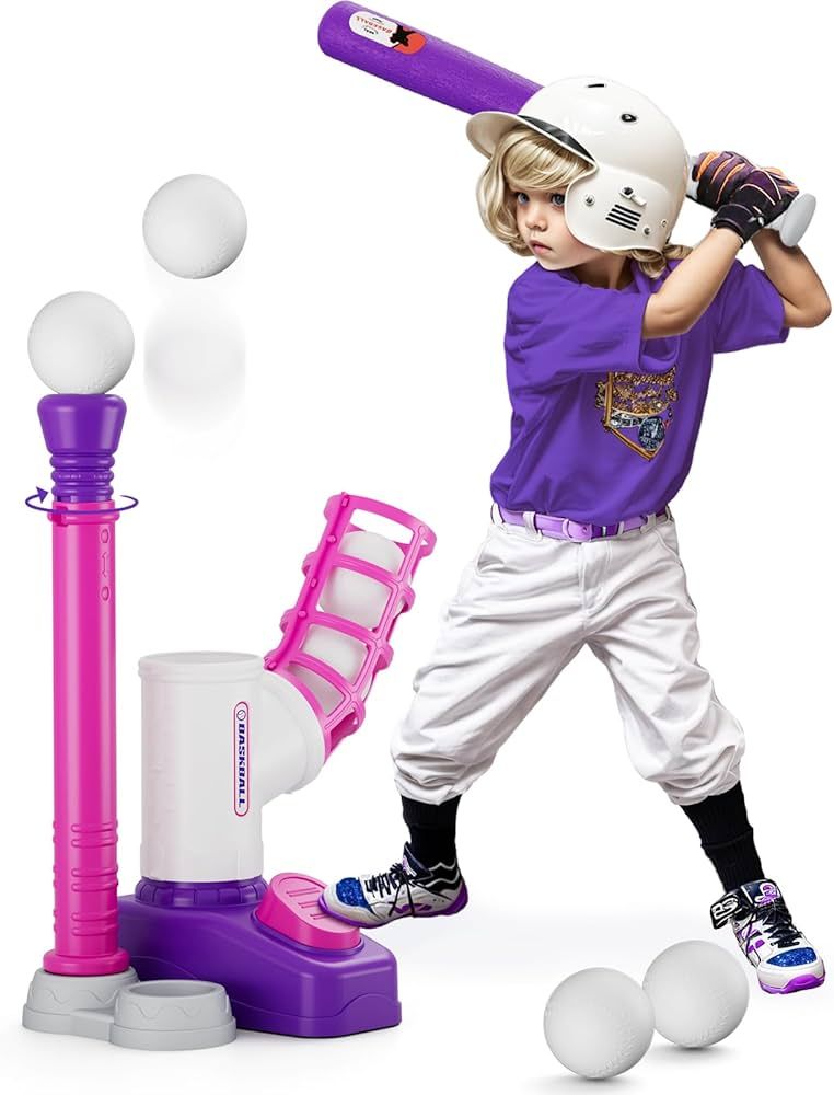 HYES 2 in 1 T Ball Sets for Kids 3-5, Tee Ball Set with Step on Pitching Machine/Adjustable Batti... | Amazon (US)