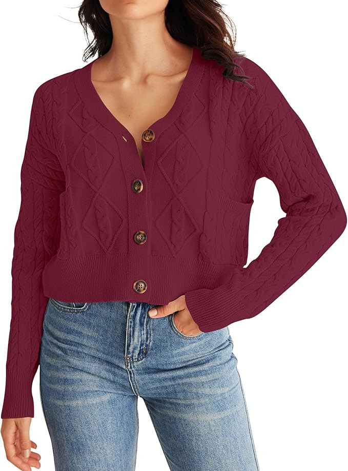 MEROKEETY Women's Long Sleeve Open Front Cable Knit Crop Cardigans V Neck Button Sweaters with Po... | Amazon (US)