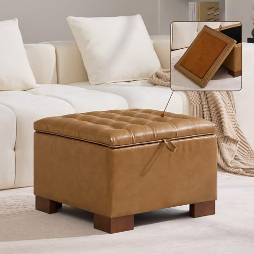 WUTUTUEE 24" Faux Leather Square Storage Ottoman with Wooden Tray, Modern Tufted Button Footstool... | Amazon (US)