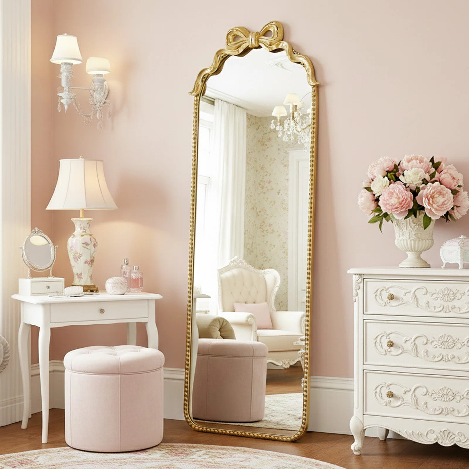 Antique Gold Baroque Arched Full Length Floor Mirror with Bow Accent (61" x 22") | Wayfair North America