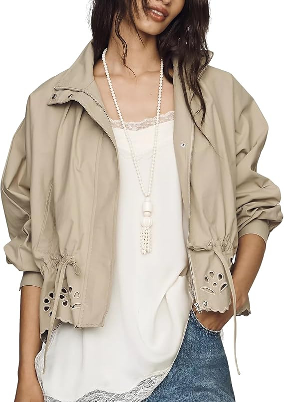 Womens Eyelet Bomber Jacket Lightweight Drawstring Waist Long Sleeve Trench Coat Cropped Jacket | Amazon (US)