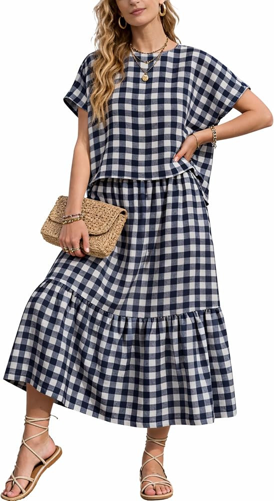 Womens Two Piece Skirt Set Gingham Plaid Short Sleeve Loose Top and Tiered Midi Skirt Casual Summ... | Amazon (US)