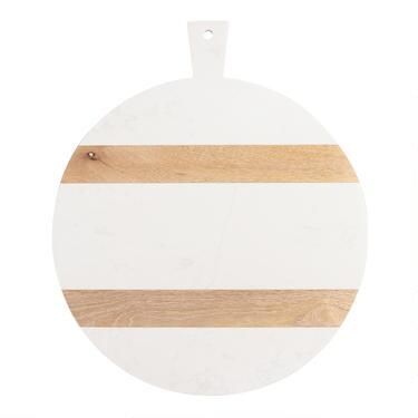 Large Round White Marble and Wood Paddle Cutting Board | World Market