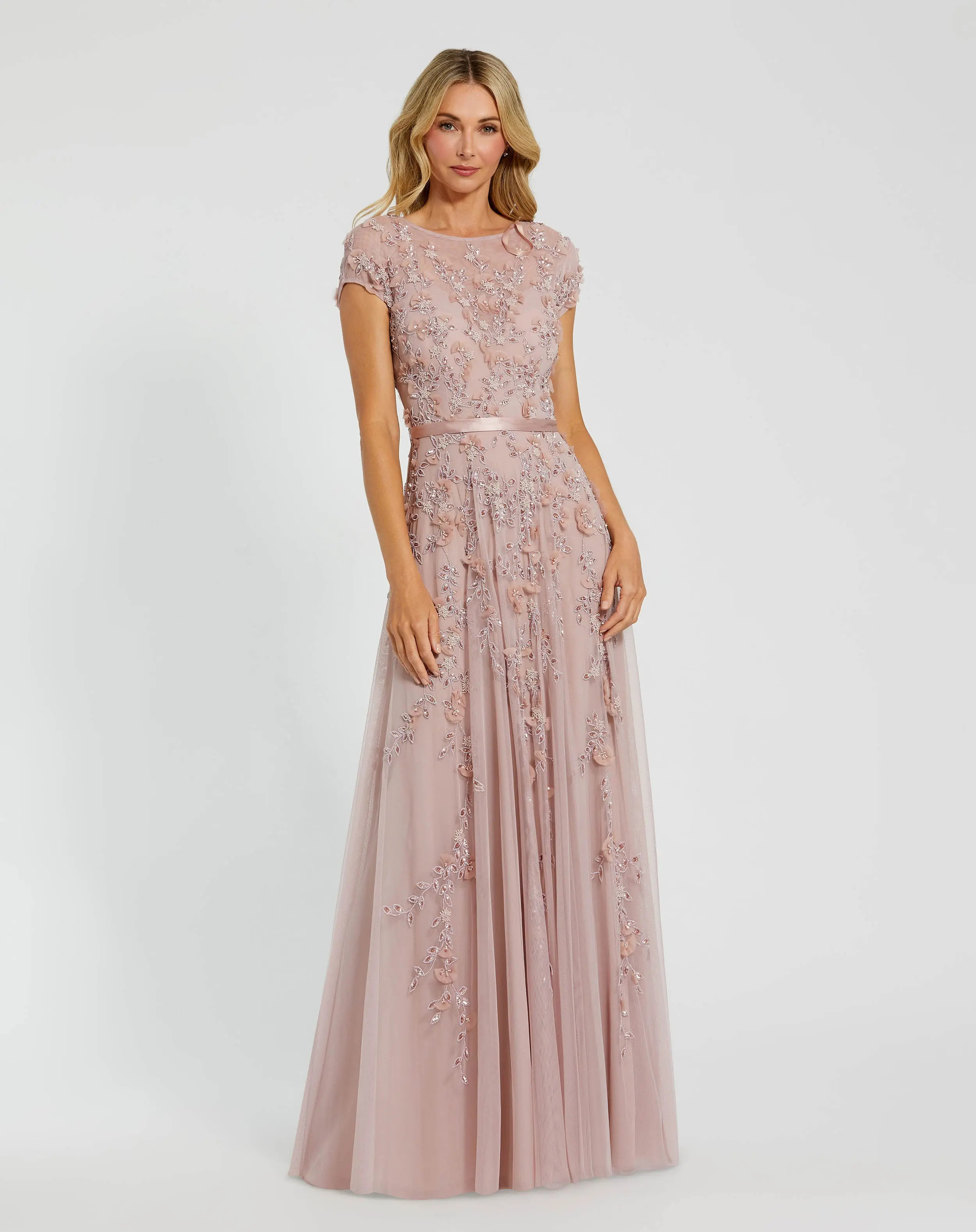 Petite Pink Floral Embellished Cap Sleeve Gown | Mac Duggal | Mac Duggal