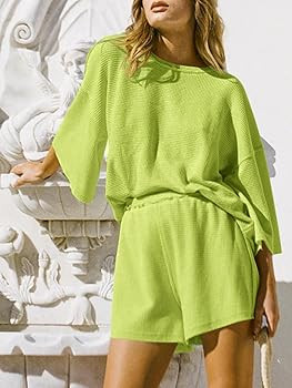 Tankaneo Womens Short Sets 2 Piece Outfits 3/4 Sleeve Tops and Elastic Waist Shorts Lounge Set Ca... | Amazon (US)