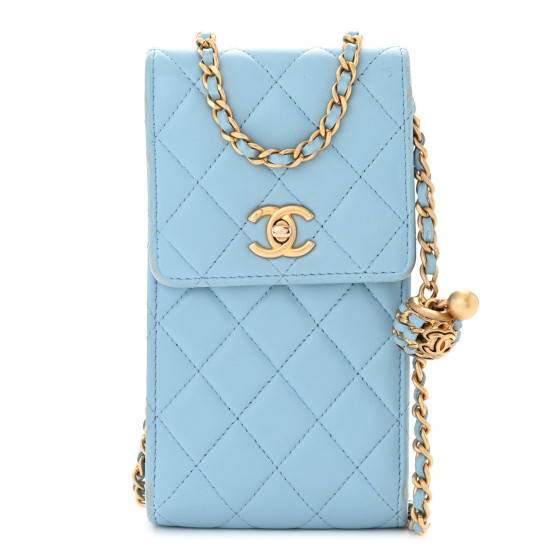Lambskin Quilted Pearl Crush Phone Holder With Chain Light Blue | FASHIONPHILE (US)