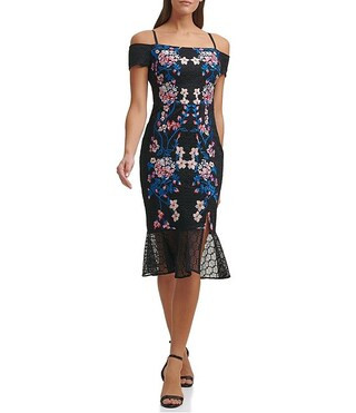 Embroidered Floral Lace Off-the-Shoulder Cap Sleeve Side Slit Midi Dress | Dillards