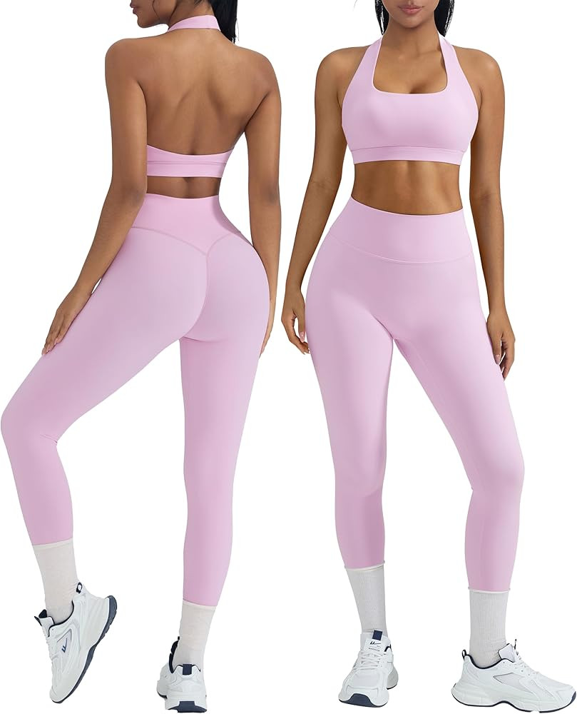 OMKAGI 2 Piece Workout Sets for Women Halter Sports Bras Gym Sets Booty Leggings Outfits | Amazon (US)