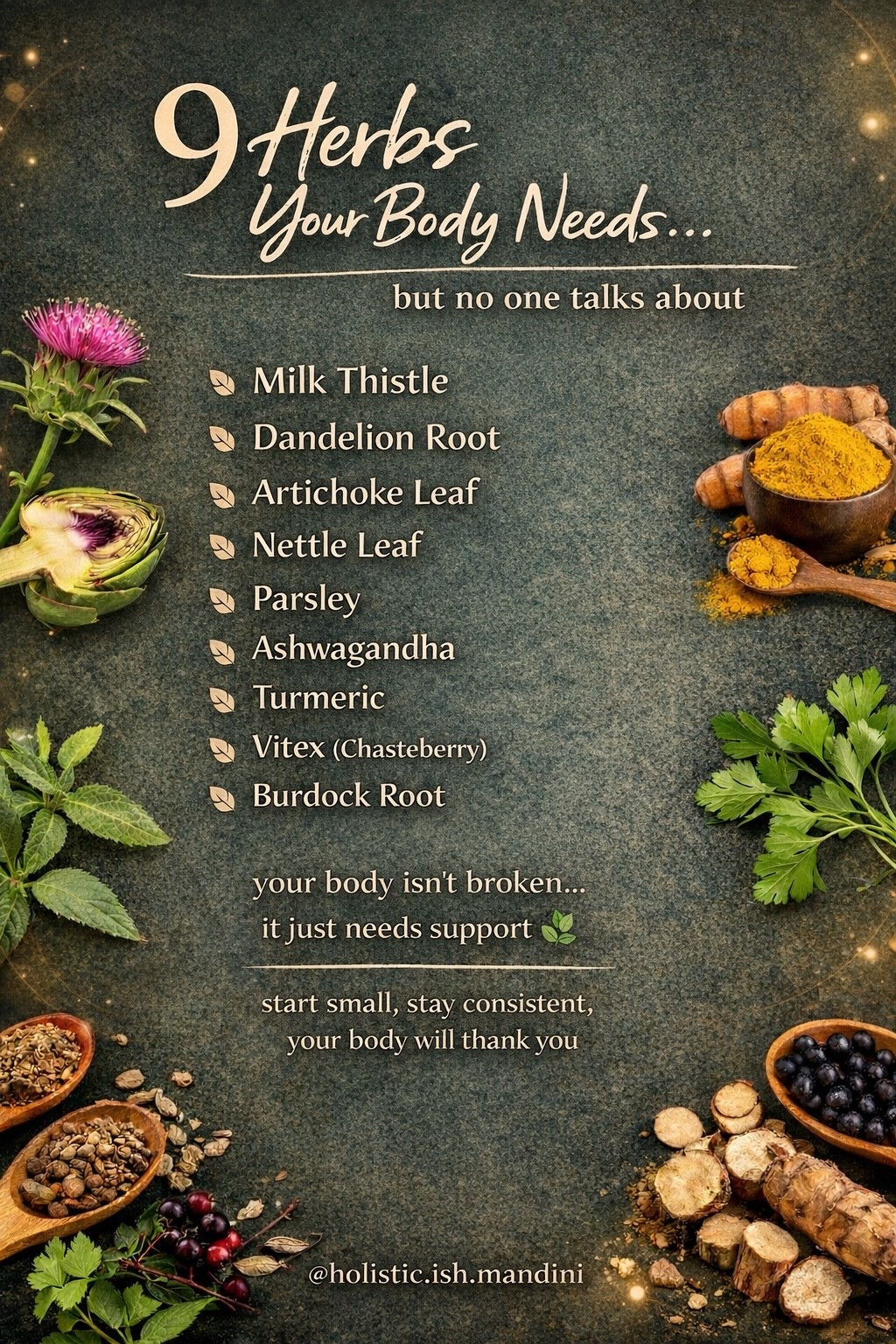 Your body isn’t broken… it just needs the right support 🌿

Not medical advice  

Here are 9 underrated herbs that support different systems in your body:

• Milk Thistle
Supports liver detox pathways, helps protect and regenerate liver cells, rich in antioxidants like silymarin.

• Dandelion Root
Supports liver and digestion, promotes healthy bile flow, helps reduce bloating especially after heavier meals. 

• Artichoke Leaf
Supports gallbladder function, helps break down fats, great for sluggish digestion and post meal discomfort.

• Nettle Leaf
Supports kidney function, helps flush excess fluids, rich in minerals like iron and magnesium. 

• Parsley
Natural diuretic, supports kidney and urinary tract health, helps reduce water retention. 

• Ashwagandha
Adaptogen that supports stress response, helps regulate cortisol, supports energy and reduces burnout. 

• Turmeric
Powerful anti inflammatory, supports gut and liver health, beneficial for joints and immune system. 

• Vitex (Chasteberry)
Supports hormone balance, helps regulate cycles, supports progesterone levels and PMS symptoms. 

• Burdock Root
Supports liver and skin health, helps purify the blood, often used for acne and inflammation. 

You don’t need all of these at once
Start with what your body is asking for. 

This is how we support the body instead of fighting it 🤍

#lowtoxliving #holistichealth #herbalwellness #naturalremedies


#LTKmorningroutine #LTKselfcare