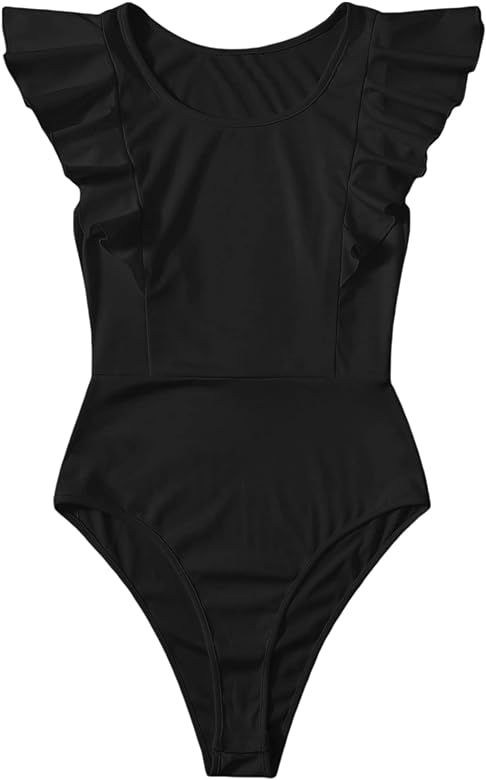 WDIRARA Women's Ruffle Cap Sleeve Scoop Neck Skinny Bodysuit Casual Tops Shirt | Amazon (US)