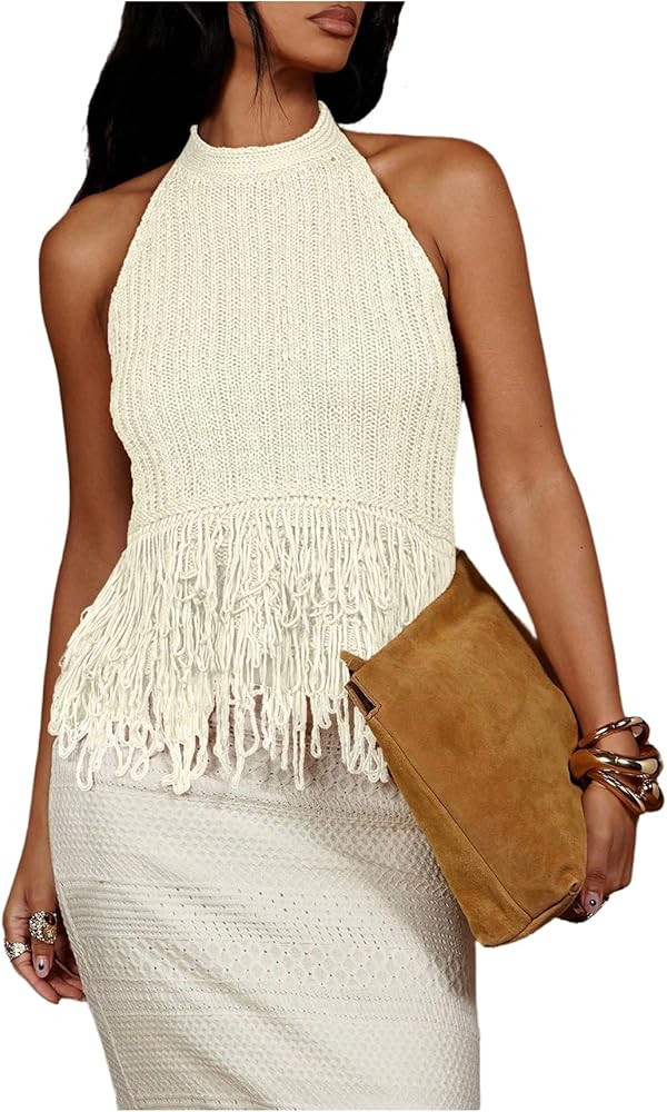 SweatyRocks Women's Fringe Halter Tops Sleeveless Open Back Summer Knit Crochet Tank Top | Amazon (US)