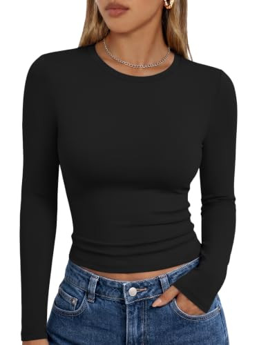 Trendy Queen Women's Long Sleeve T Shirts Fall Fashion 2026 Basic Top Slim Fit Tees Y2k Outfits Winter Clothes Black 2XL | Amazon (US)