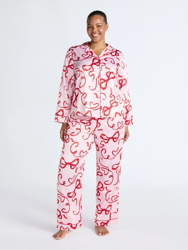 Joyspun Women’s Stretch Satin Notch Long Sleeve Top and Pants Pajama Set, 2-Piece, Sizes XS-3X | Walmart (US)