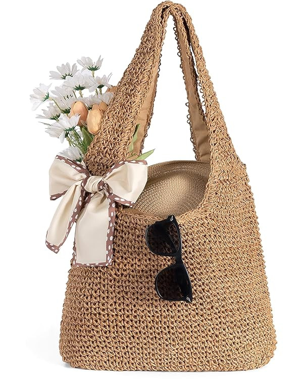 Straw Beach Bag for Women - Handmade Raffia Woven Tote Handbag, Summer Mesh Beach Purse for Vacat... | Amazon (US)