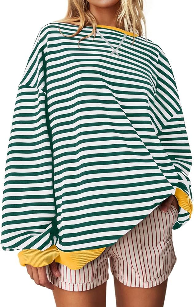 UEU Women Oversized Striped Crewneck Sweatshirt Long Sleeve Color Block Pullover Tops Casual Loos... | Amazon (US)