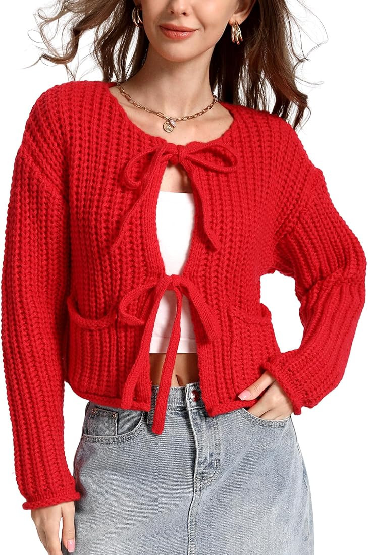 Arssm Womens Tie Front Cardigan Sweaters Cropped Chunky Open Front Knit Sweater Long Sleeve Loose... | Amazon (US)