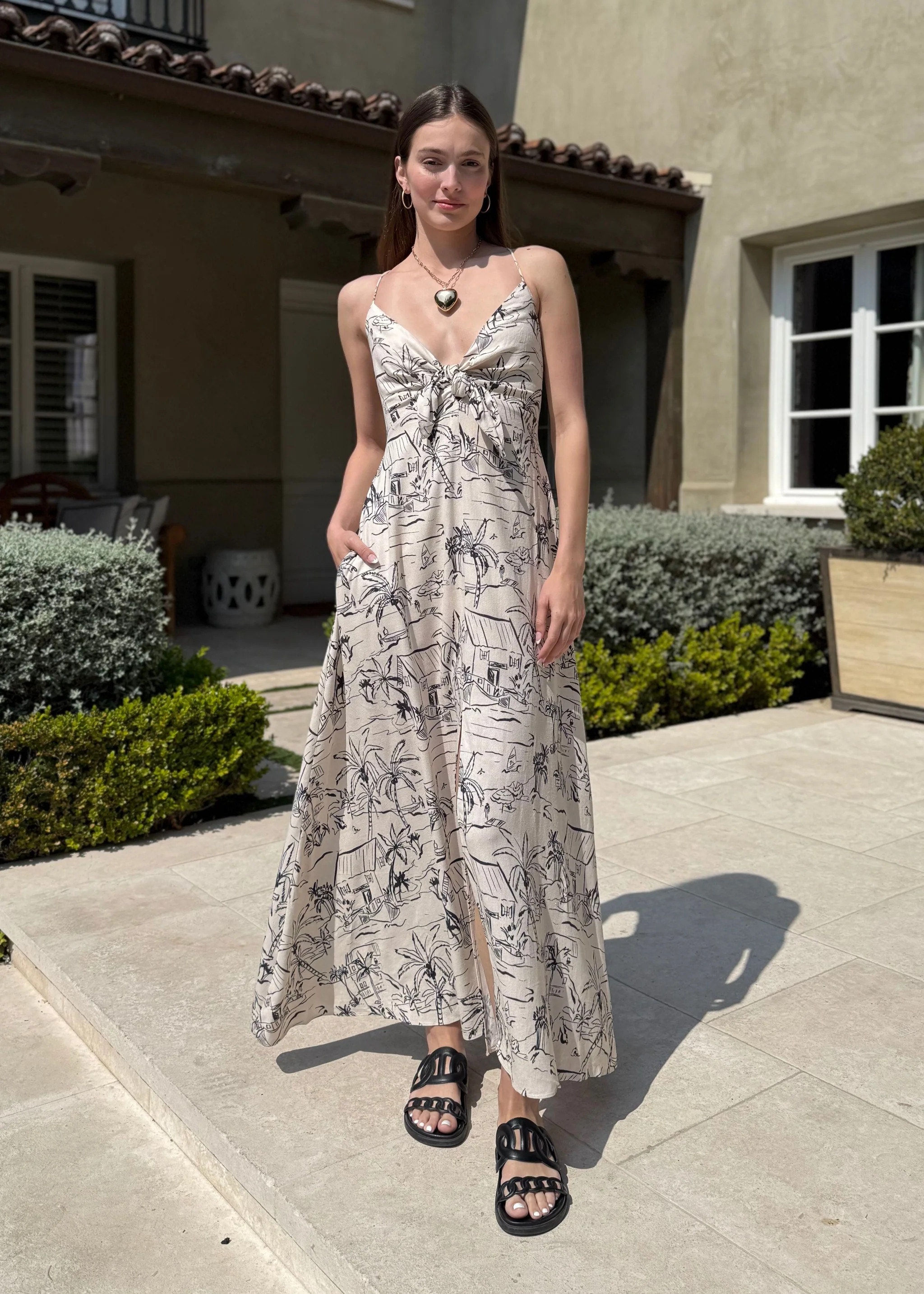 Malika Cream and Black Island Print Flowy Maxi Dress | Benaar La