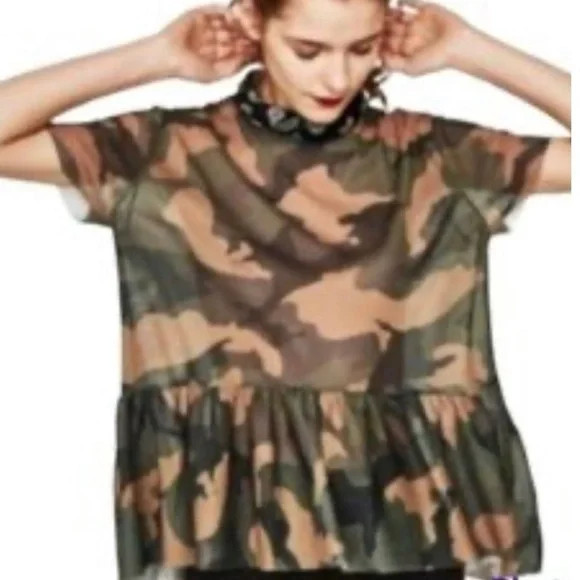 Zara Trafaluc Camo Fatigue Sheer Peplum Top Hi Lo Oversized Sz M | Poshmark