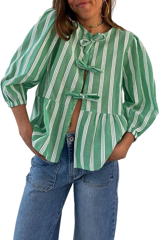 Women Y2K Puff Short Sleeve Peplum Shirts Tie Front Ruffle Hem Babydoll Blouse Tops Teen Girls La... | Amazon (US)