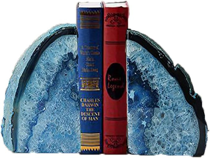 JIC Gem Blue Agate Bookends Geode Book Ends for Shelves Decorative Crystal Bookends Heavy Duty Bo... | Amazon (US)