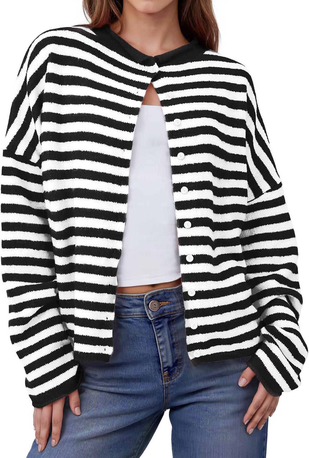 Womens Striped Cardigans Lightweight Casual Button Up Sweaters Long Sleeve Loose Knit Cardigan Sweater Fall Winter | Amazon (US)
