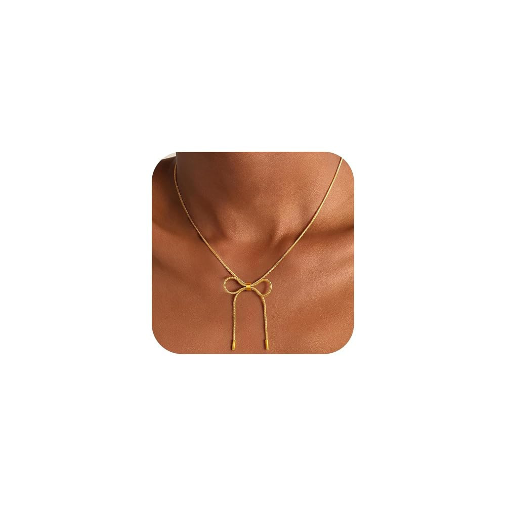 Gold Bow Necklace for Women - 18K Gold Plated Dainty Gold Necklace Cute Small Tiny Bow Pendant Ch... | Amazon (US)