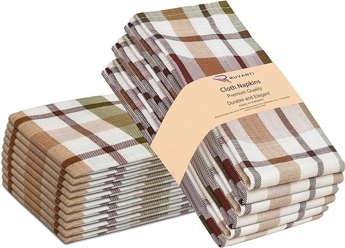 RUVANTI Kitchen Cloth Napkins 12 Pack 100% Cotton 20 X 20 Inch Brown Check, Dinner Napkins, Soft,... | Amazon (US)