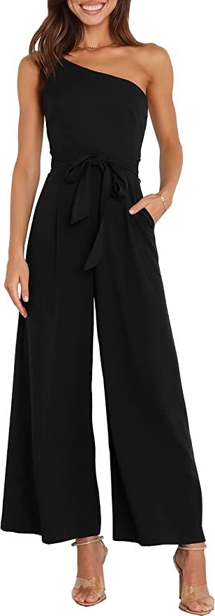 ANRABESS Women's Summer Dressy One Shoulder Sleeveless Tie Waist Backless Casual Wide Leg Jumpsui... | Amazon (US)