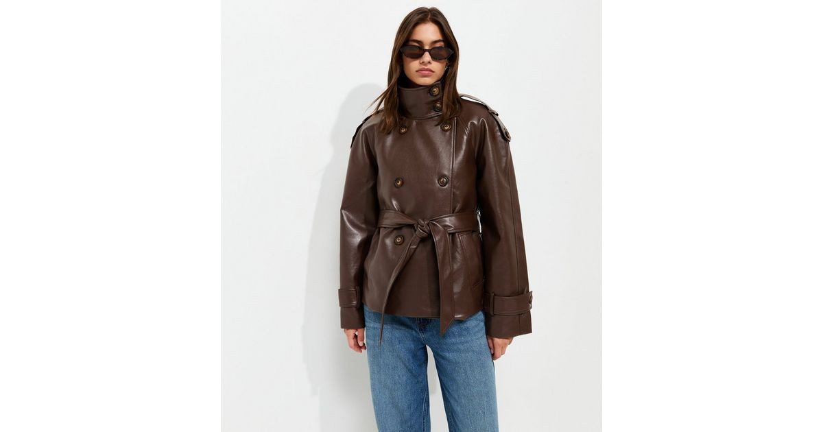Women's Dark Brown Faux Leather Funnel Neck Belted Jacket New Look | New Look (UK)