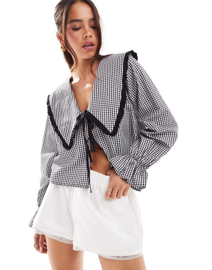 ASOS DESIGN oversized collar tie front blouse in black gingham | ASOS (Global)