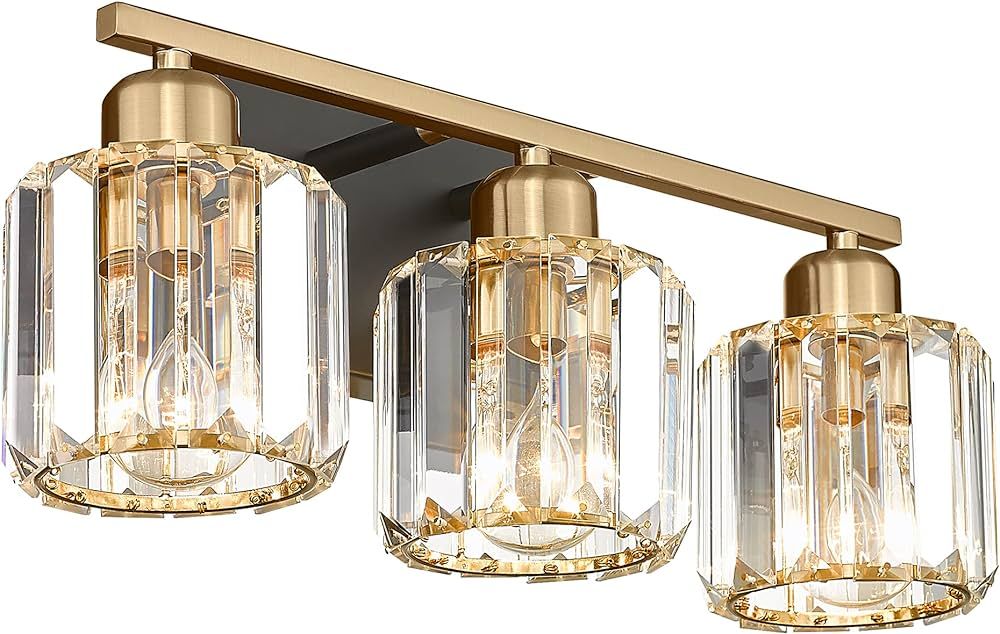 Cargifak Crystal Bathroom Light Fixtures, 3-Light Vanity Lights with Polished Gold Finish, Modern... | Amazon (US)