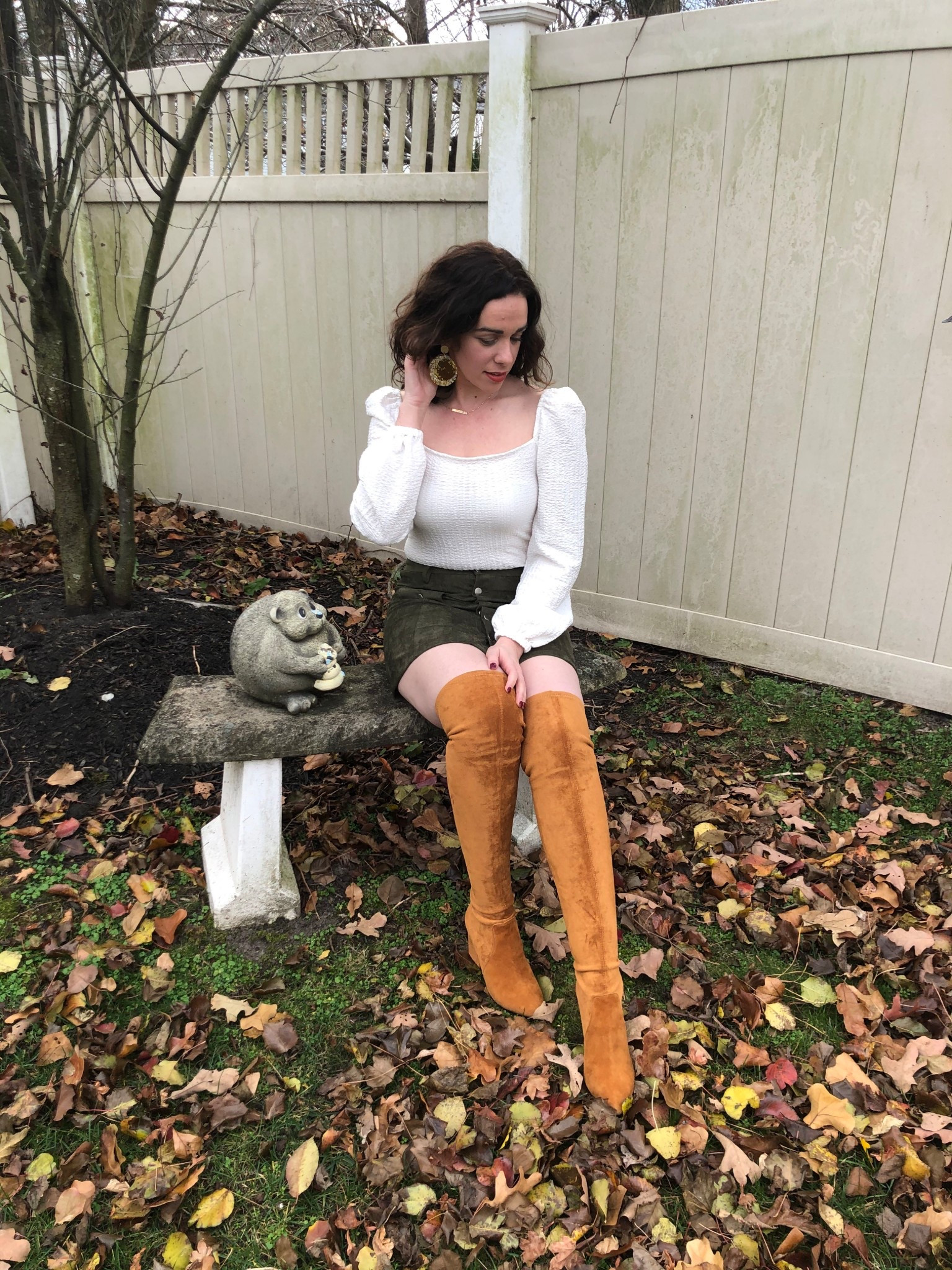 White square neck puff sleeve top (small). Green suede skirt (small). Over the knee suede tan boots (9). #puffsleevetop #top #whitetop #squarenecktop #skirt #suedeskirt #greenskirt #boots #tanboots #overthekneeboots #thanksgivingoutfit Thanksgiving 

#LTKFindsUnder100 #LTKSeasonal