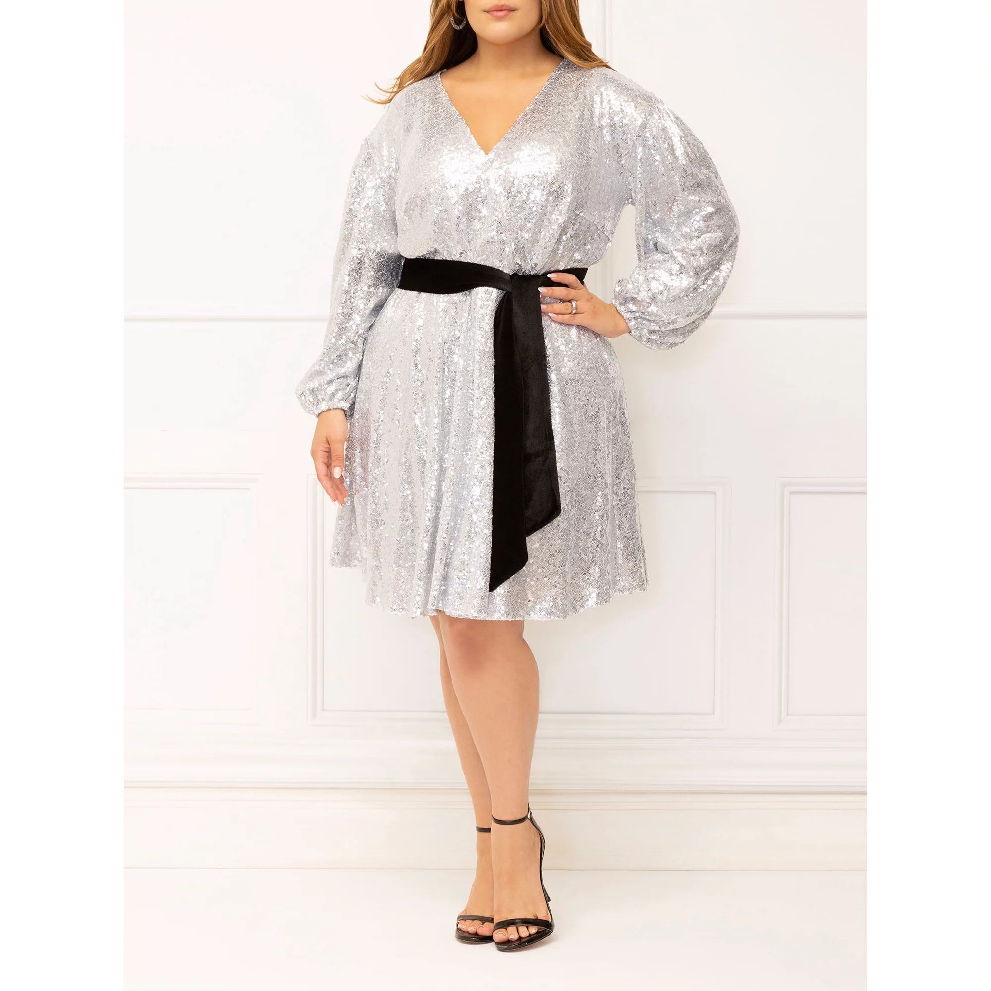 ELOQUII Elements Women's Plus Size Belted Sequin Wrap Dress | Walmart (US)