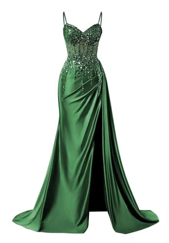 Emerald Green Long Mermaid Prom Dresses with Split Spaghetti Straps Satin Lace Applique Formal Prom Dresses with Train Size 10 | Amazon (US)