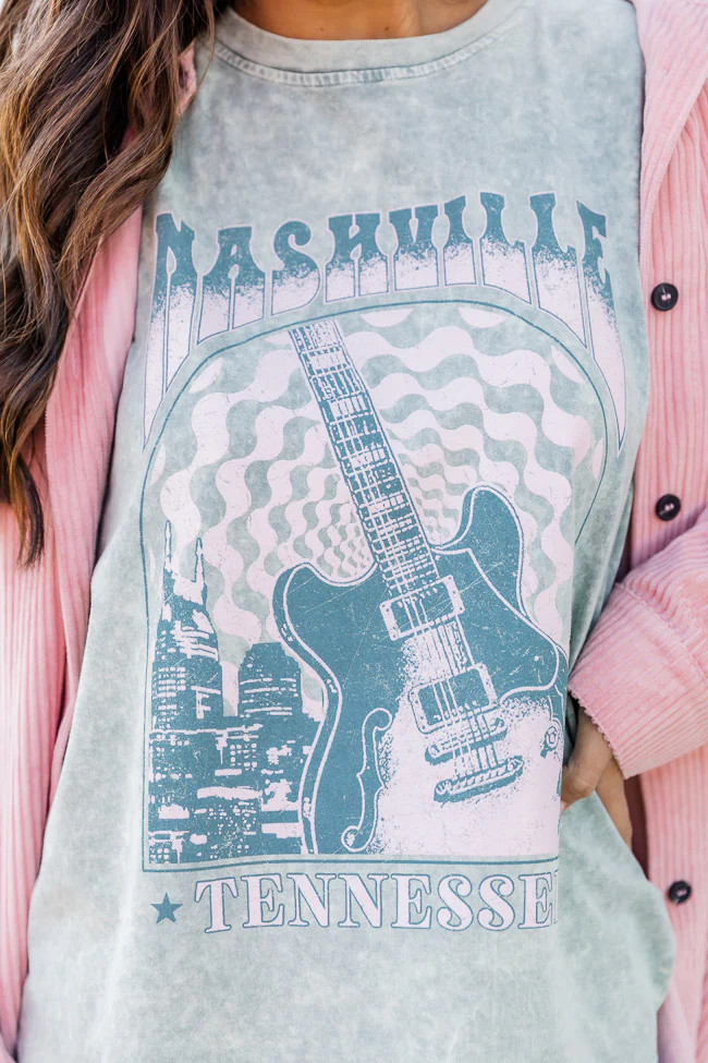 Nashville Sage Acid Wash Rolled Sleeve Graphic Tee | Pink Lily