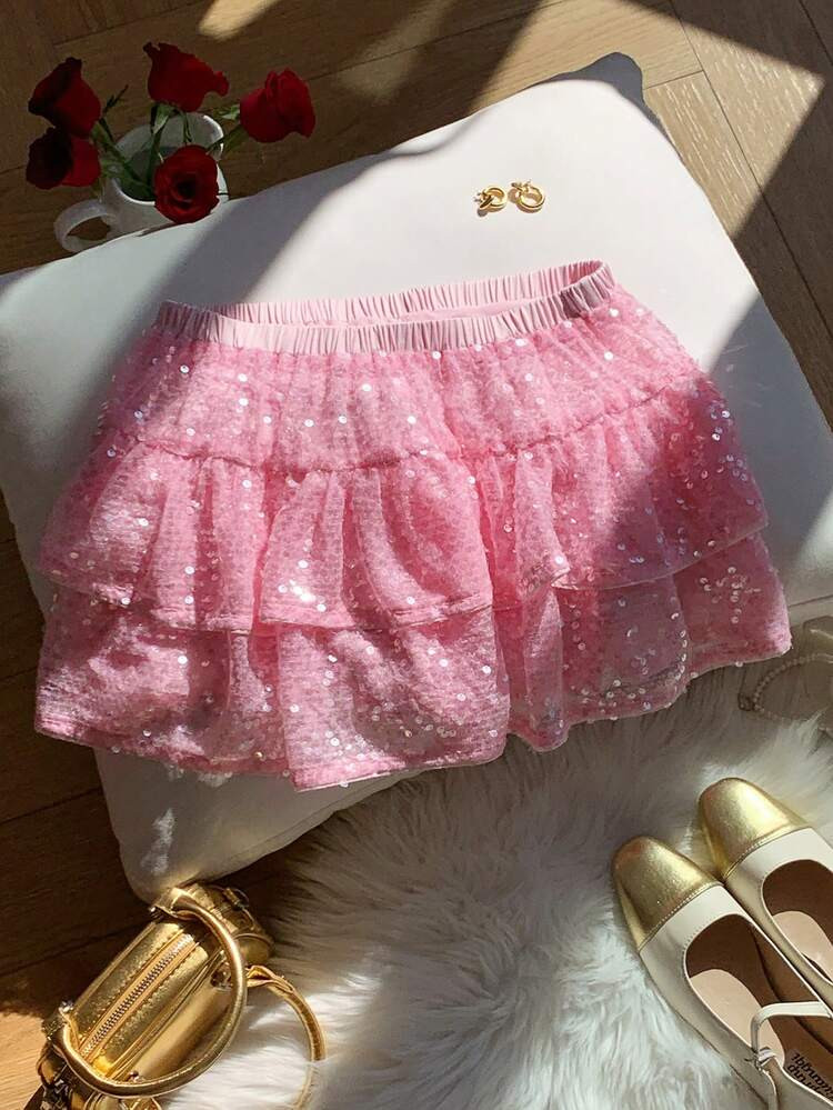 Comfortcana Women's Elastic Waist Sequin Double Ruffle Hem Fashionable Skirt Party | SHEIN