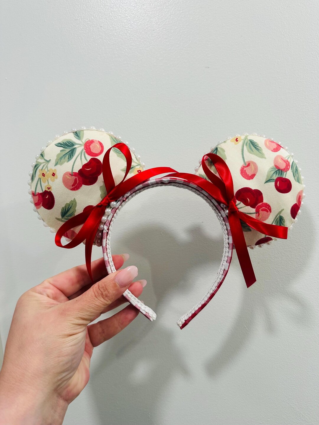 Handmade Cherry Print Mouse Ears, Red Gingham Bows | Etsy (US)