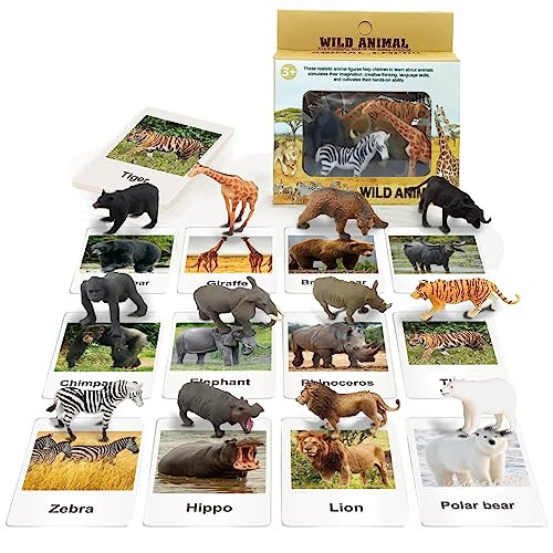 RUSON 12 Safari Animals Figures Toys with 12 Flash Cards, Realistic Mini Jungle Animal Figurines Cake Topper Party Supplies Montessori Animal Matching Game for Toddler Kids | Amazon (US)