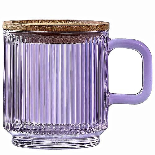 Lysenn Glass Coffee Mug with Lid - Premium Classical Vertical Stripes Glass Tea Cup - for Latte, Tea, Chocolate, Juice, Water - Lead-Free - Bamboo Lid - Amethyst Purple | Amazon (US)