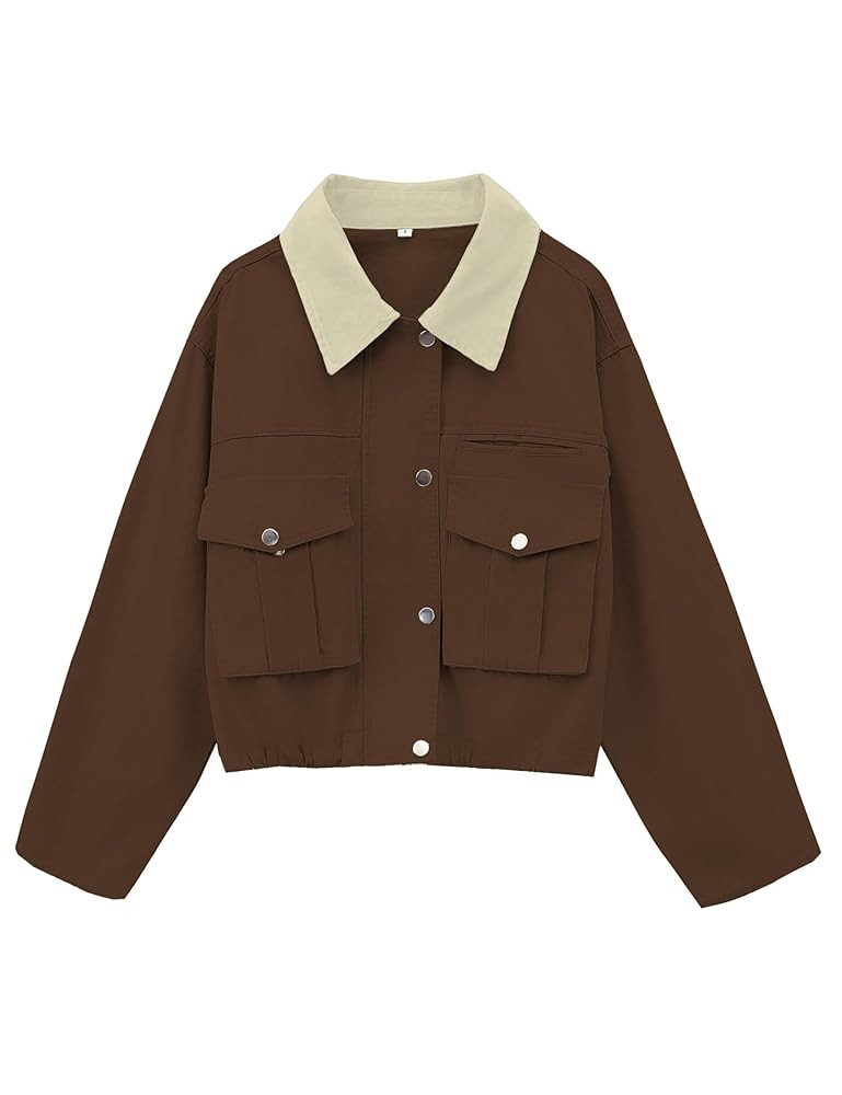 Womens Cropped Jacket Contrast Collar Utility Coat Cargo Jacket Barn Jacket Outwear with Pockets | Amazon (US)