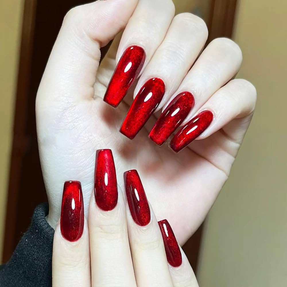 Wine Red Press on Nails Medium Coffin Fake Nails Gradient Design False Nails Shiny Acrylic Nails ... | Amazon (US)