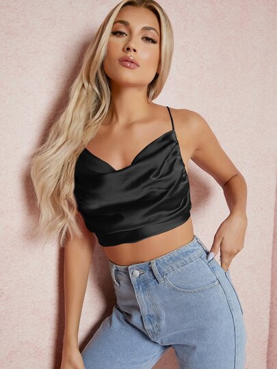 SHEIN Satin Cowl Neck Crisscross Open-Back Crop Top | SHEIN
